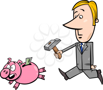 Concept Cartoon Illustration of Businessman with a Hammer Chasing Piggy Bank