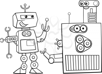 Black and White Cartoon Illustration of Robots Science Fiction Character Coloring Page