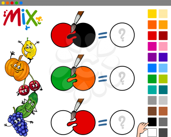 Cartoon Illustration of Mixing Colors Educational Game for Kids