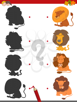 Cartoon Illustration of Matching Shadows with Pictures Educational Activity Game for Children with Lions Animal Characters