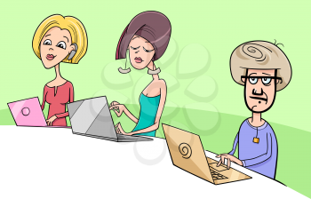 Cartoon Illustration of People Working on Notebook Computers