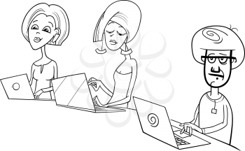 Black and White Cartoon Illustration of People Working on Notebook Computers