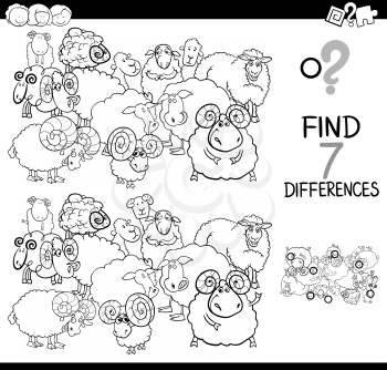 Black and White Cartoon Illustration of Finding Seven Differences Between Pictures Educational Activity Game for Kids with Sheeps Farm Animal Characters Group Coloring Book