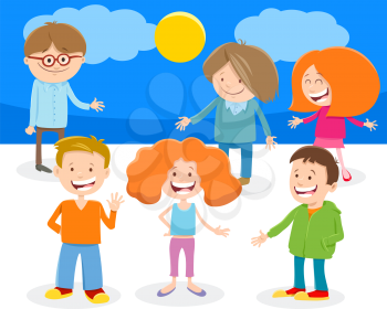 Cartoon Illustration of Happy Elementary Age Children Characters Group
