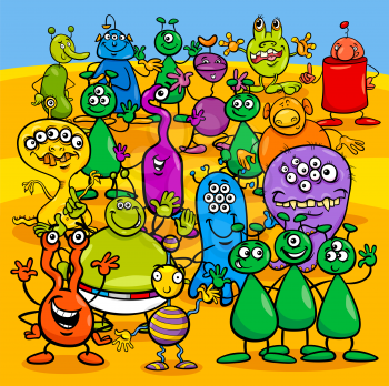 Cartoon Illustration of Aliens Fantasy Characters Group
