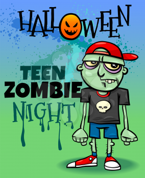 Cartoon Illustration of Halloween Holiday Event Poster or Banner Design with Comic Zombie Character