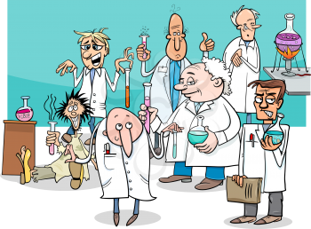 Cartoon Illustration of Funny or Crazy Scientists Characters Group doing Experiments
