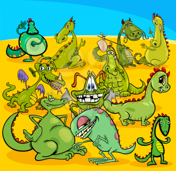 Cartoon Illustration of Dragons Fantasy Characters Group