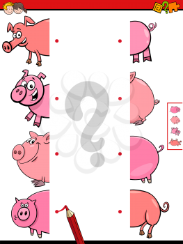 Cartoon Illustration of Educational Game of Matching Halves of Pigs Animal Characters Pictures