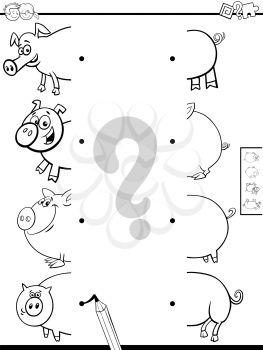 Black and White Cartoon Illustration of Educational Game of Matching Halves of Pigs Animal Characters Pictures Coloring Book