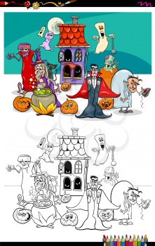 Cartoon Illustration of Spooky Halloween Characters Group Coloring Book Worksheet