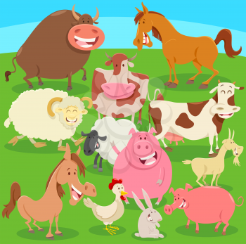 Cartoon Illustration of Farm Animal Characters on Pasture or Meadow