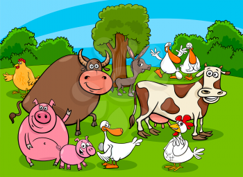 Cartoon Illustration of Funny Farm Animal Characters Group on the Meadow