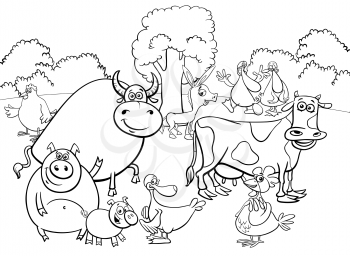 Black and White Cartoon Illustration of Funny Farm Animal Characters Group on the Meadow Coloring Book