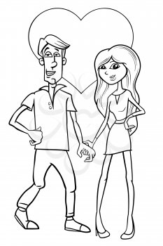 Black and white Valentines Day greeting card cartoon illustration with young people couple characters in love coloring book page