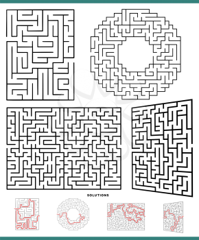 Illustration of Black and White Mazes Leisure Game Activities Set with Solutions