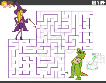 Cartoon illustration of educational maze puzzle game for children with girl and boy at costume party