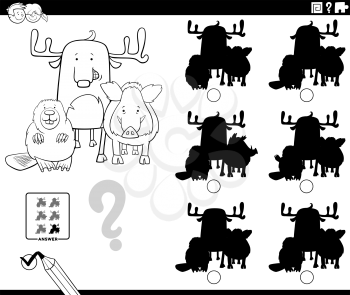 Black and White Cartoon Illustration of Finding the Shadow without Differences Educational Game for Children with Funny Animal Characters Coloring Book Page