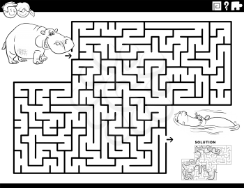 Black and White cartoon illustration of educational maze puzzle game for children with funny hippos Coloring Book Page