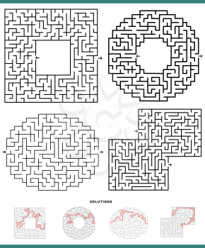 Illustration of black and white mazes leisure game activities set with solutions