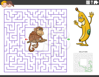 Cartoon illustration of educational maze puzzle game for children with funny monkey and banana