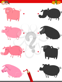 Cartoon Illustration of Join the Right Shadows with Pictures Educational Game for Children with Cute Farm Pig Characters