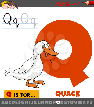 Educational cartoon illustration of letter Q from alphabet with quack duck sound