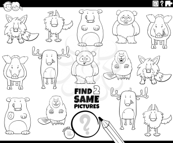 Black and white cartoon illustration of finding two same pictures educational game with funny wild animals characters coloring book page
