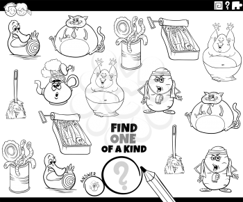 Black and white cartoon illustration of find one of a kind picture educational game with comic characters coloring book page