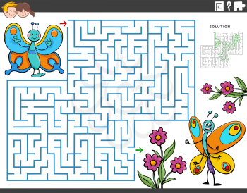 Cartoon illustration of educational maze puzzle game for children with butterflies insect characters and flowers
