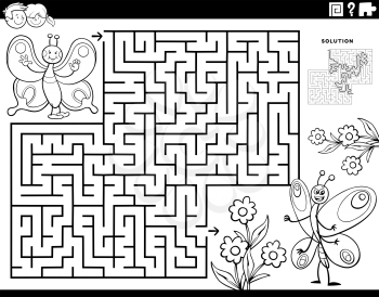 Black and white cartoon illustration of educational maze puzzle game for children with butterflies insect characters and flowers coloring book page