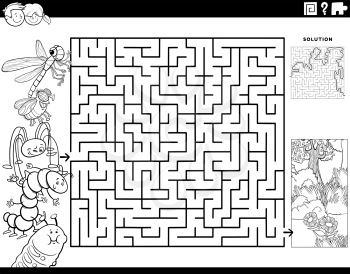 Black and white cartoon illustration of educational maze puzzle game for children with insects characters and meadow coloring book page