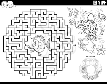 Black and white cartoon illustration of educational maze puzzle game for children with funny fish and sea animals characters coloring book page