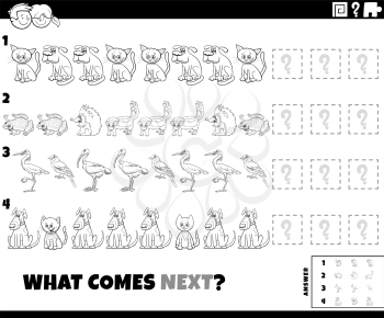 Black and white cartoon illustration of completing the pattern educational game for children with animals characters coloring book page