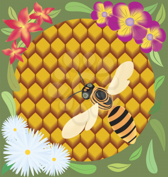 Royalty Free Clipart Image of a Bee on Honeycomb Surrounded by Flowers