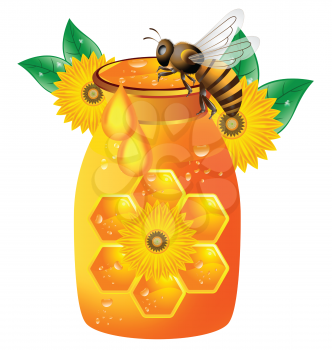 Royalty Free Clipart Image of a Bee at a Jar of Honey