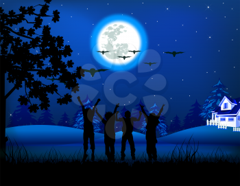 Royalty Free Clipart Image of Silhouetted Children Outside in Winter