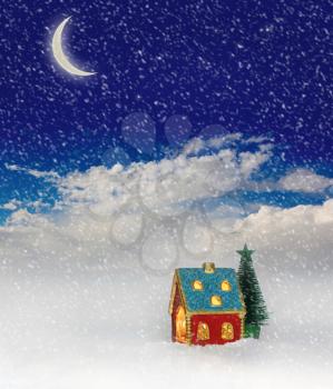 Christmas festive light in house under blue sky
