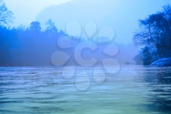 blue tone fog river landscape