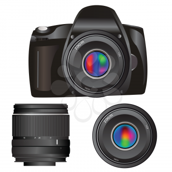 Royalty Free Clipart Image of a Camera and Lenses