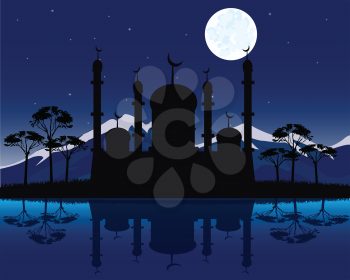 Vector illustration to mosques moon in the night beside yard