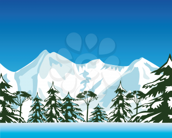 Vector illustration of the mountains covered by snow and lake