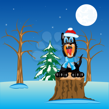 Cartoon of the wolf in winter in wood sitting on stump