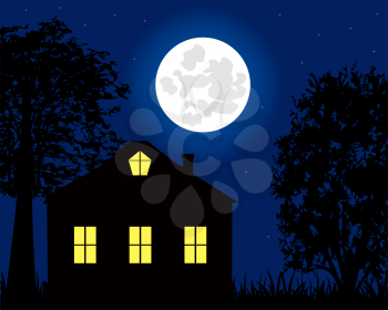 The Moon night and house with window on nature.Vector illustration