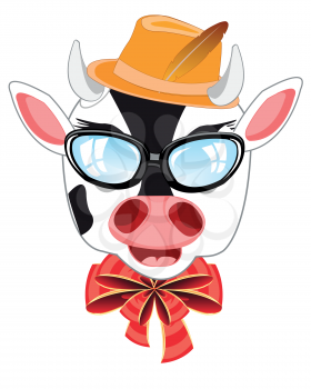 Head of the cow bespectacled and hat on white background