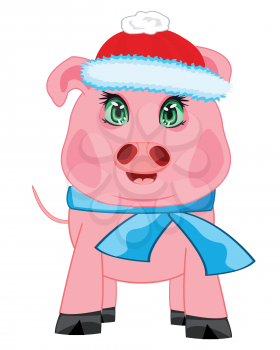 Cartoon to pigs in hat and scarf on white background