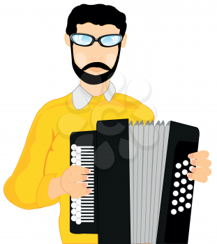 Man musician plays on accordeon on white background