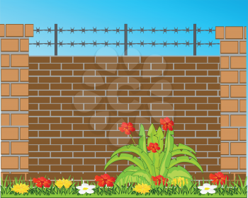 Vector illustration high wall from brick and barbed wire