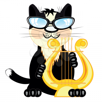 Cartoon of the black cat playing on music instrument lira