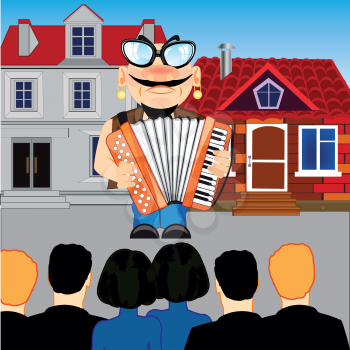 Vector illustration singer with music instrument accordion on street